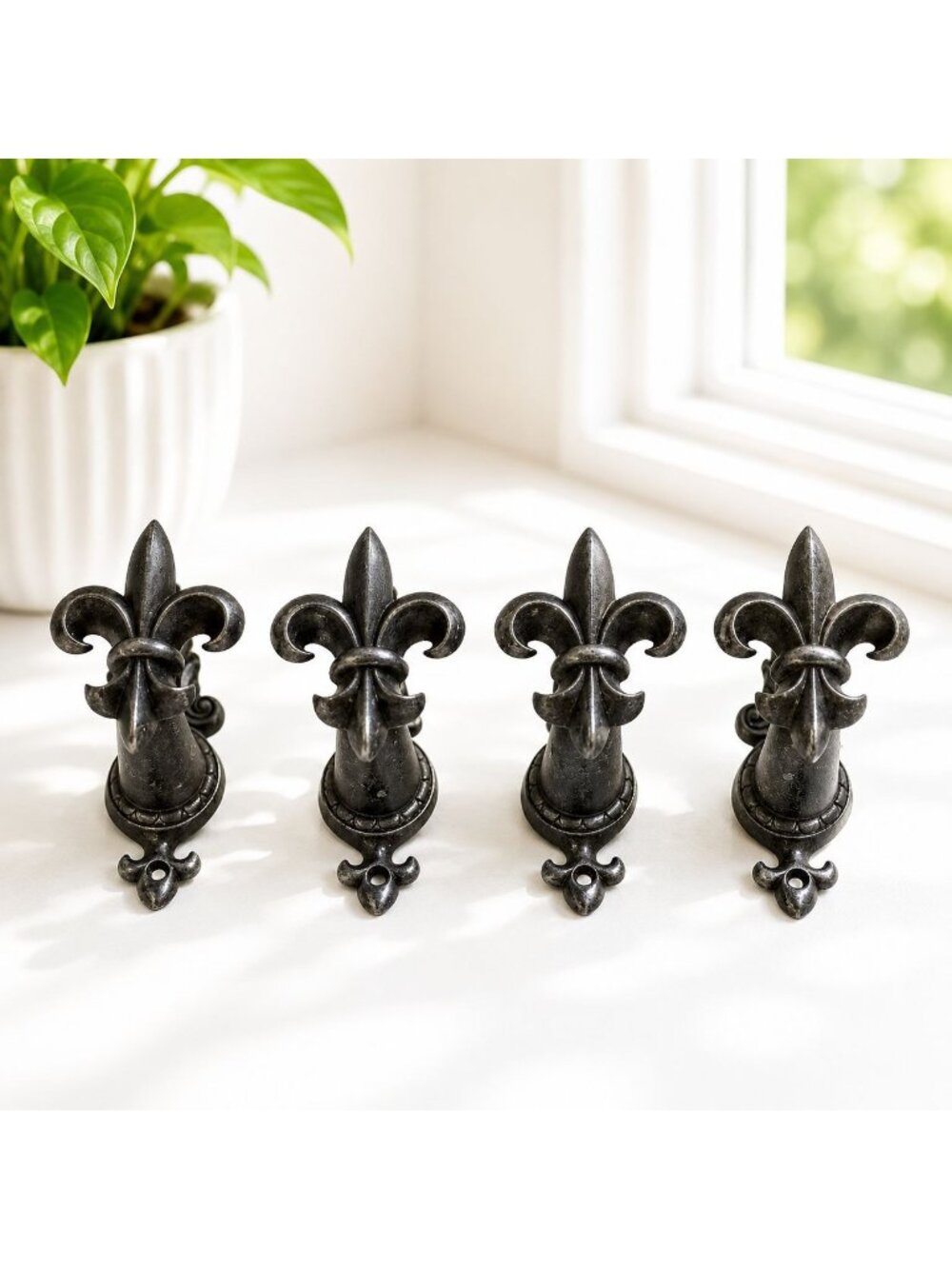 Fleur-De-Lis Cast Iron Curtain Tiebacks Set Of 4 Black Rustic French Style 4.5 I